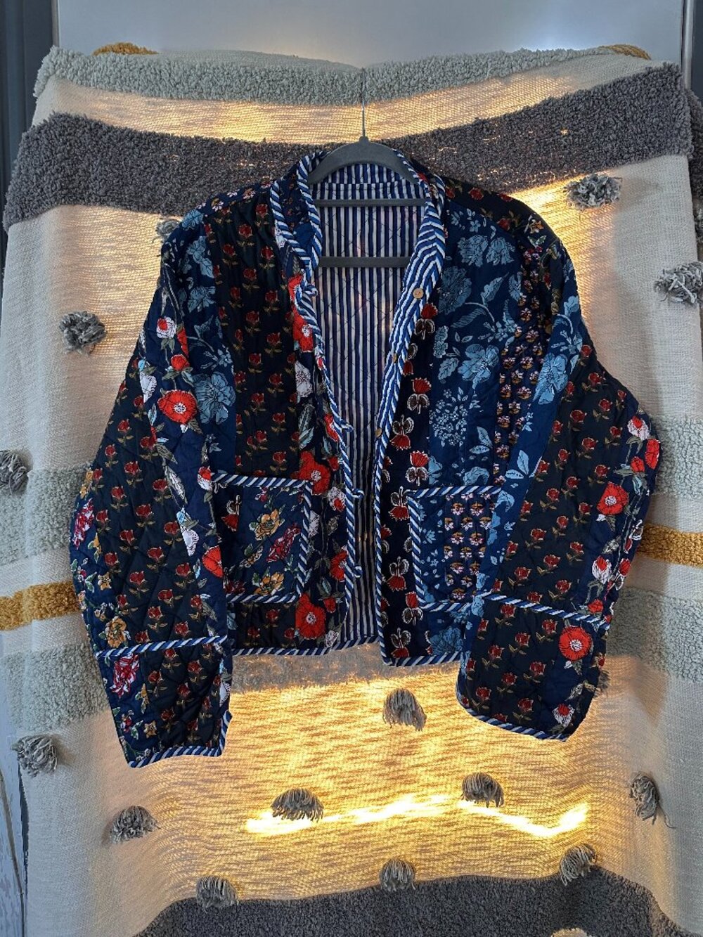 NWT Stella Impex Reversible Patchwork Quilted Jacket Navy Red Floral Boho XXXL
